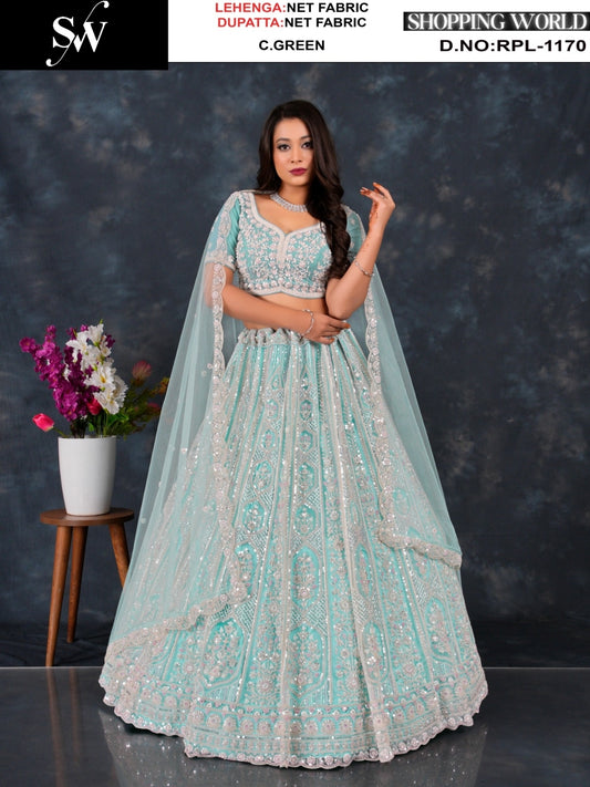 Glamorous Sea green Net Lehenga