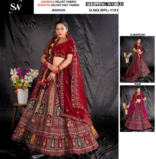Fantastic maroon Dark Maroon Rani pink velvet Bridal Lehenga