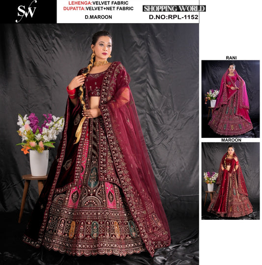 Amazing Dark maroon Velvet bridal Lehenga