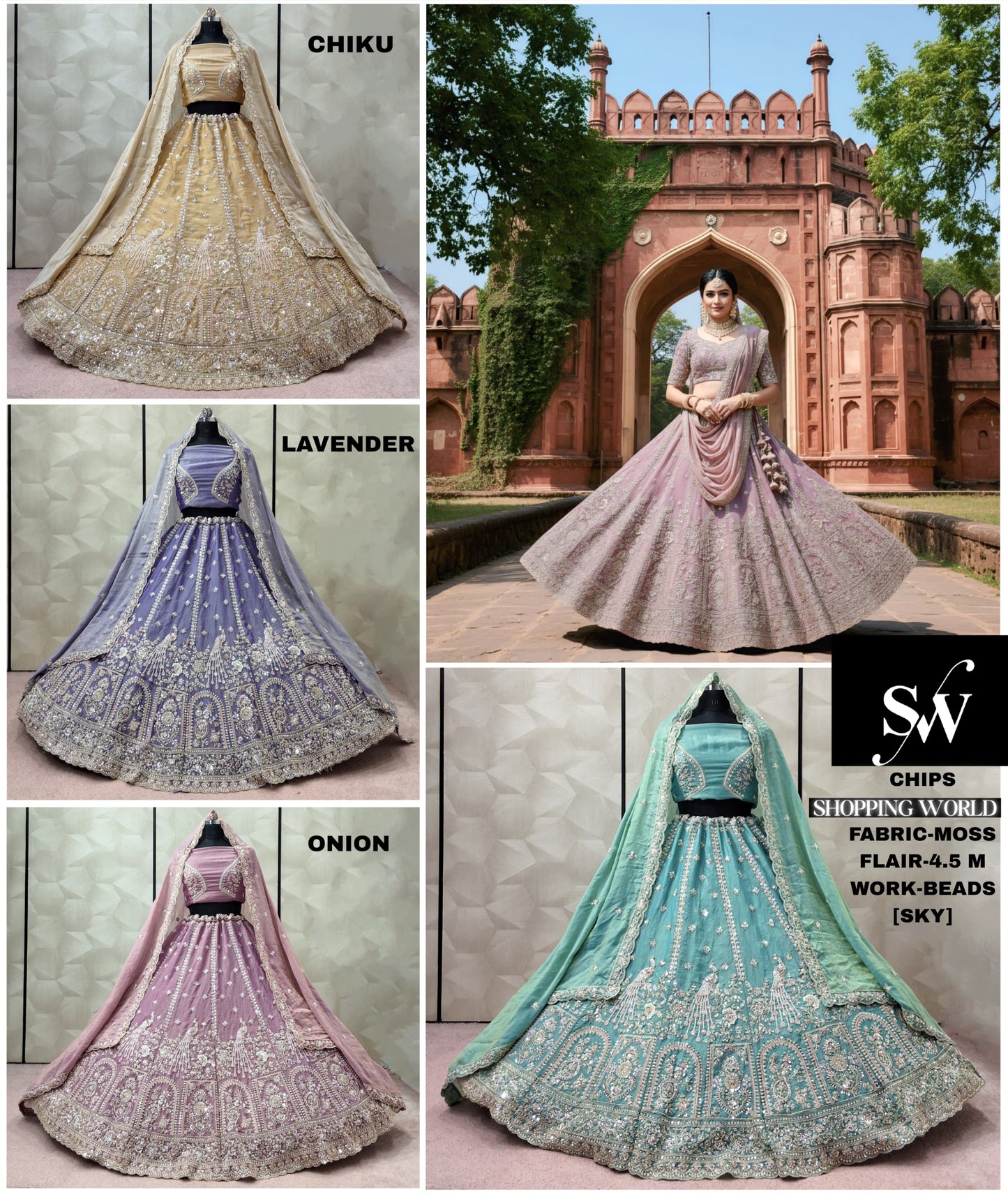 Elegant Chiku golden Lavender Onion pink Sky blue green Moss Lehenga