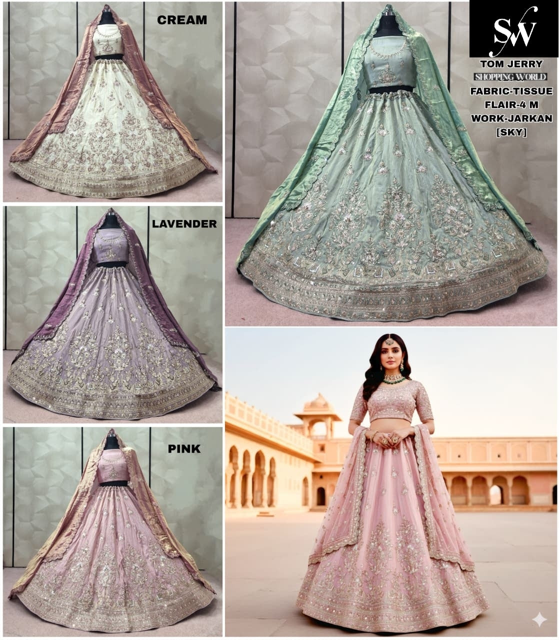 Embellished Pink Lavender  Cream White Sky blue green Tissue Lehenga