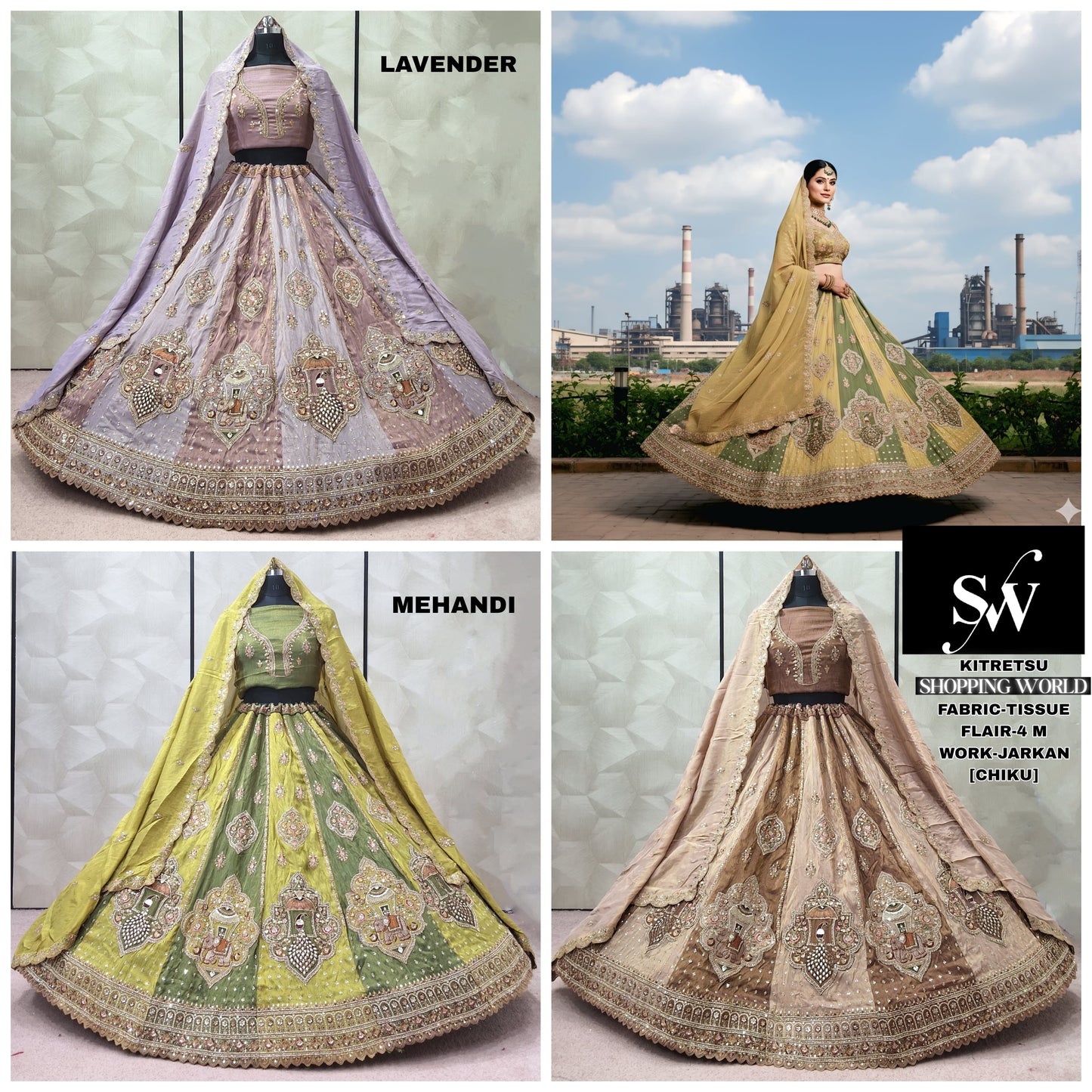 Majestic Lavender Mehendi green Chiku golden Tissue Lehenga