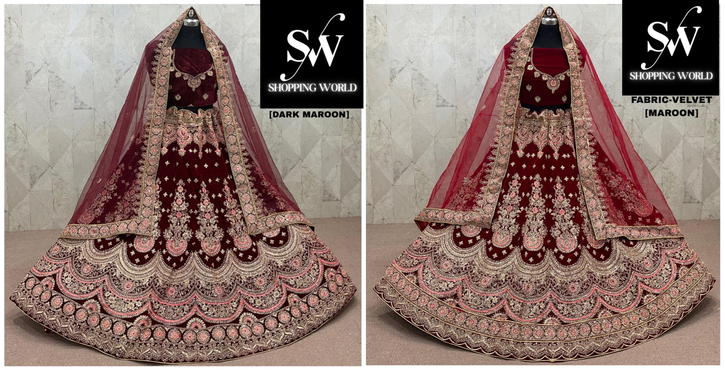Amazing Dark Maroon Maroon Velvet Bridal Lehenga