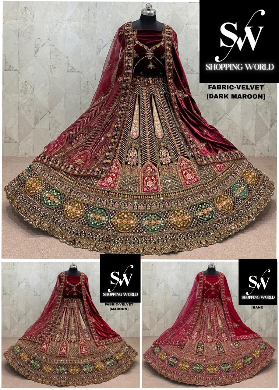 Gorgeous Rani pink Maroon Dark Maroon Double Duptta Velvet Bridal Lehenga