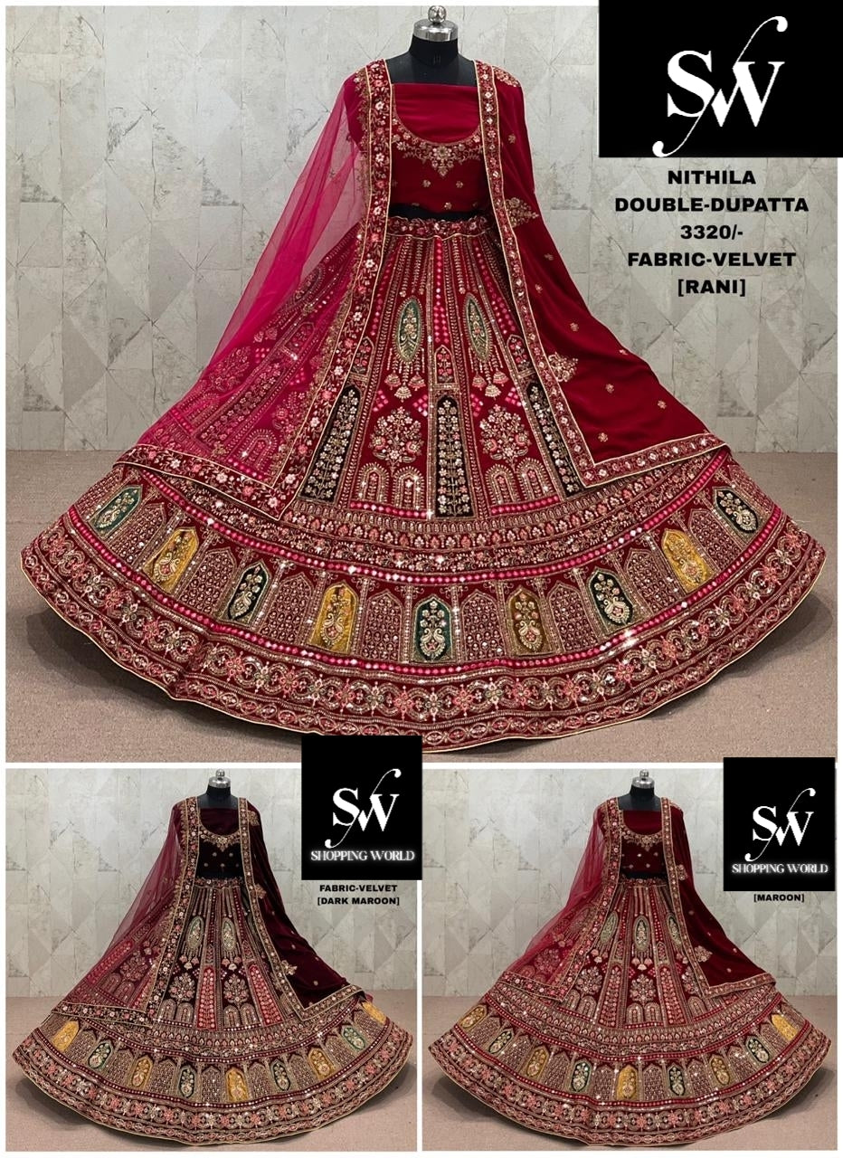 Glamorous Rani pink Maroon Dark Maroon Double Duptta Velvet Bridal Lehenga