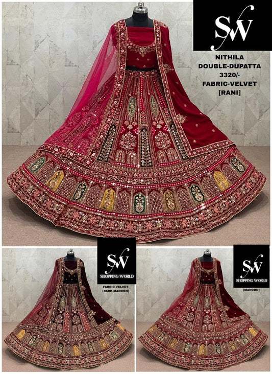Glamorous Rani pink Maroon Dark Maroon Double Duptta Velvet Bridal Lehenga