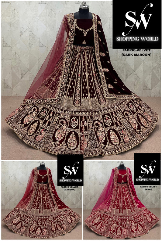 Astonishing Rani pink Maroon Dark Maroon Double Duptta Velvet Bridal Lehenga