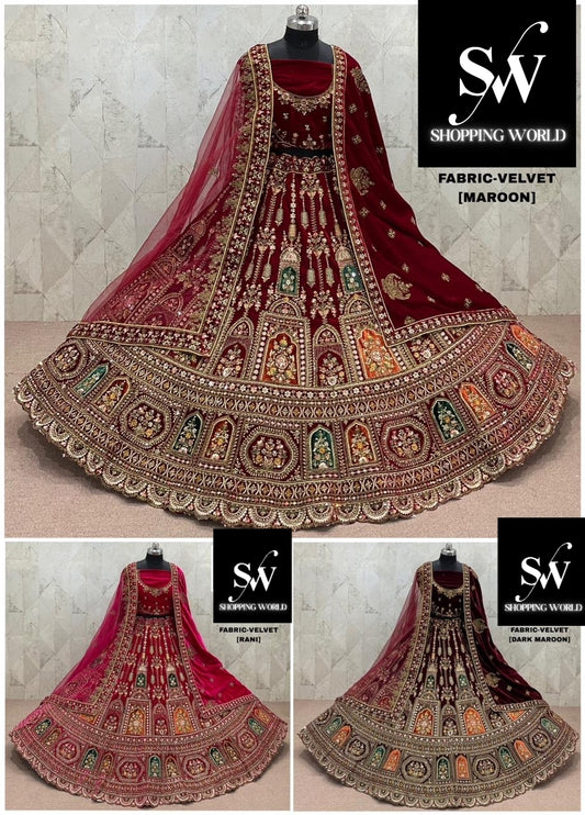 Attractive Rani pink Maroon Dark Maroon Double Duptta Velvet Bridal Lehenga