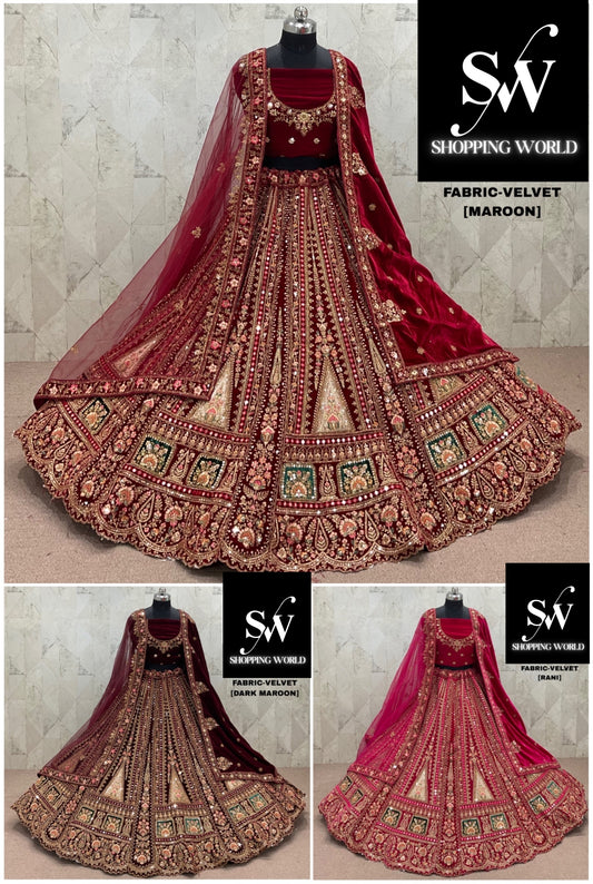 Fabulous Rani pink Maroon Dark Maroon Double Duptta Velvet Bridal Lehenga