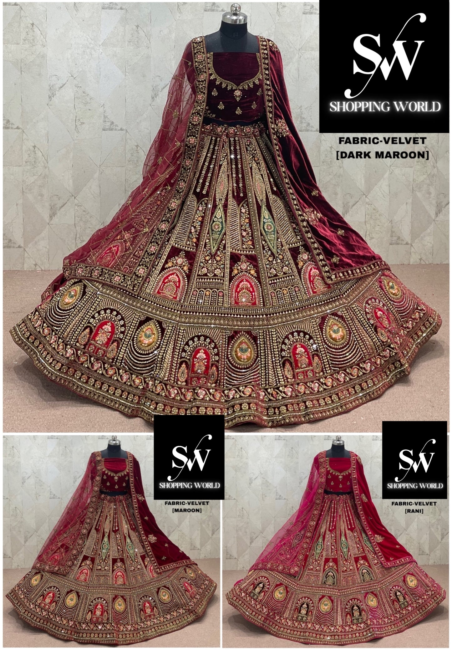 Fantastic Rani pink Maroon Dark Maroon Double Duptta Velvet Bridal Lehenga