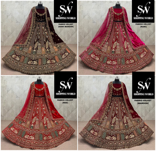 Good looking Rani pink Maroon Dark Maroon Red Double Duptta Peacock Velvet Bridal Lehenga