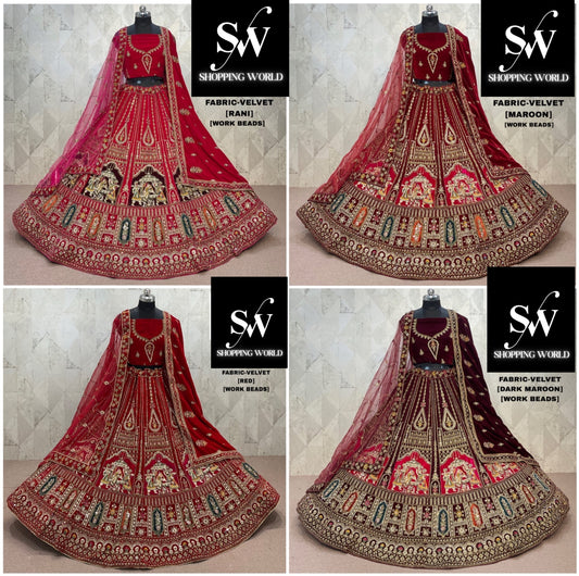 Designer Rani pink Maroon Dark Maroon Red Doli Barat Double Duptta Velvet Bridal Lehenga