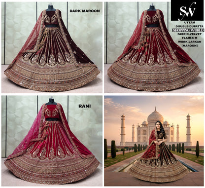 Glamorous Rani pink Maroon Dark Maroon Red Velvet Bridal Lehenga