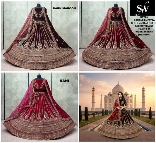 Glamorous Rani pink Maroon Dark Maroon Red Velvet Bridal Lehenga