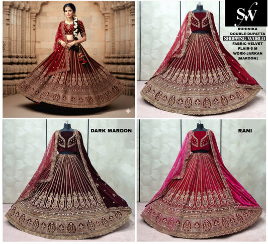 Attractive Rani pink Maroon Dark Maroon Velvet Bridal Lehenga