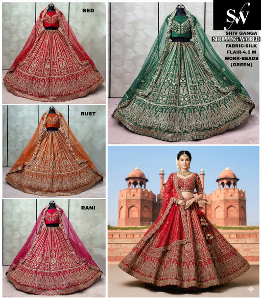 Awesome Rust Orange Red Rani pink Silk Bridal Lehenga