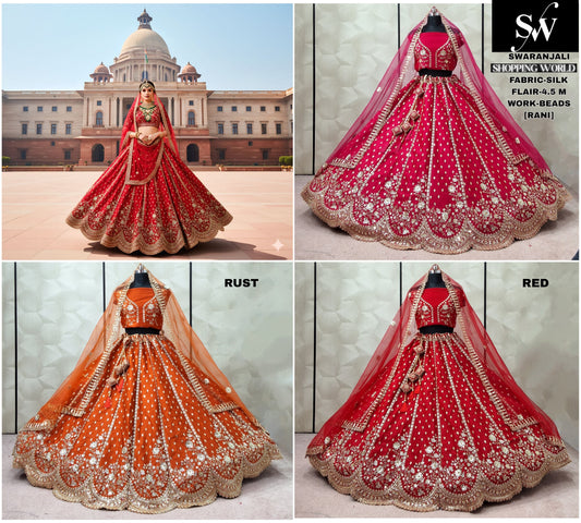 Amazing Rust Orange Red Rani pink Silk Bridal Lehenga