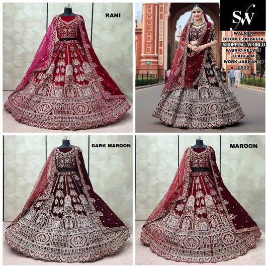 Engaging Maroon Rani pink Dark Maroon Peacock Velvet Bridal Lehenga