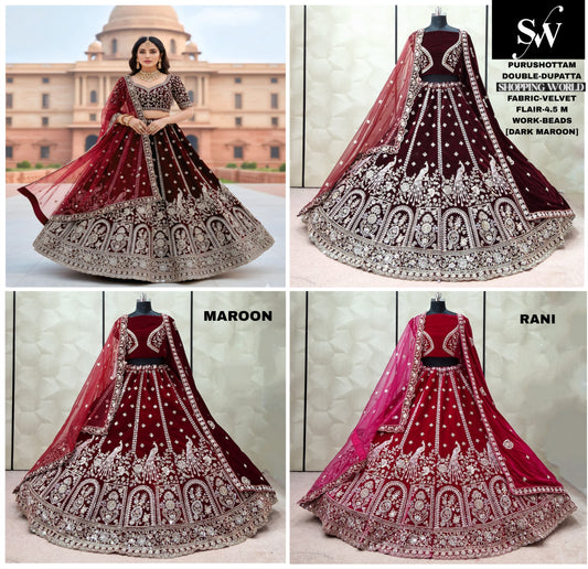 Elegant Maroon Rani pink Dark Maroon Peacock Velvet Bridal Lehenga
