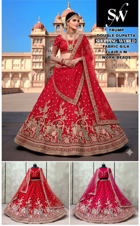 Delightful Red Rani pink Peacock Silk Bridal Lehenga