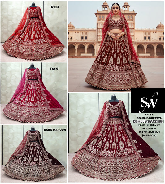 Embellished Red Rani pink Dark Maroon Maroon Double Dupatta Velvet Bridal Lehenga