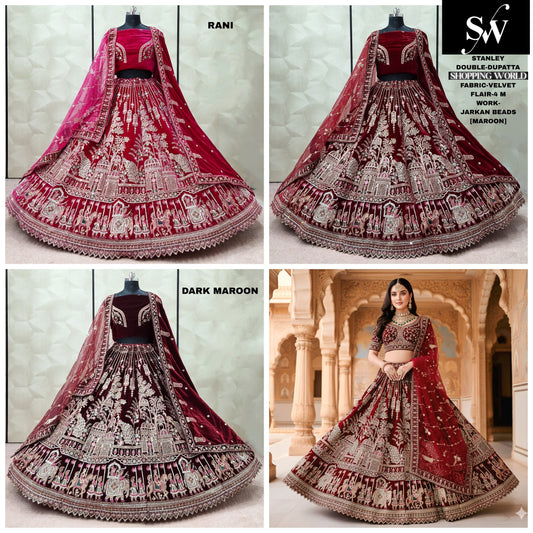 Eye Catching Rani pink Dark Maroon Maroon peacock Double Dupatta Velvet Bridal Lehenga