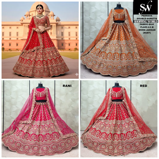 Charming Rust Orange Rani pink Red Double Dupatta Silk  Bridal Lehenga