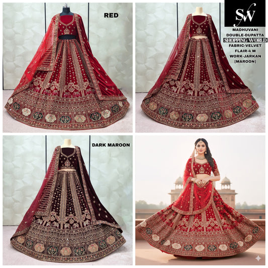 Majestic Red Dark Maroon Maroon Double Dupatta Velvet Bridal Lehenga