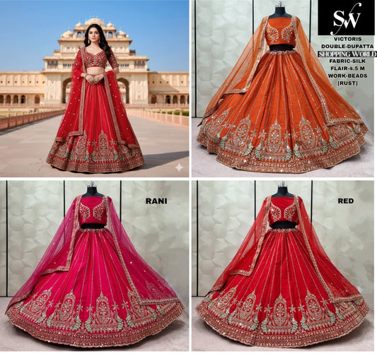Pleasing Rani pink Red Rust Orange Double Dupatta Silk  Bridal Lehenga
