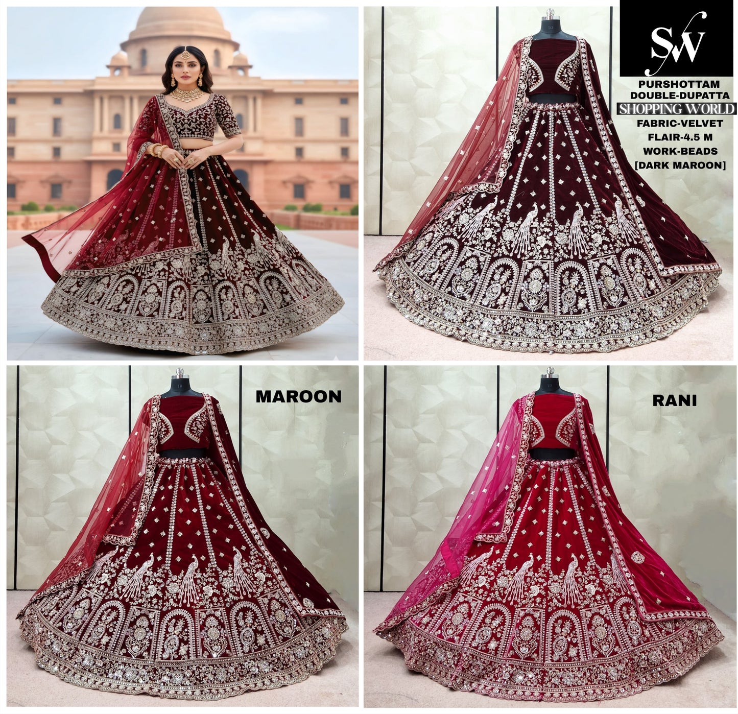 Lavishing Maroon Rani pink Dark Maroon Double Dupatta Velvet Bridal Lehenga