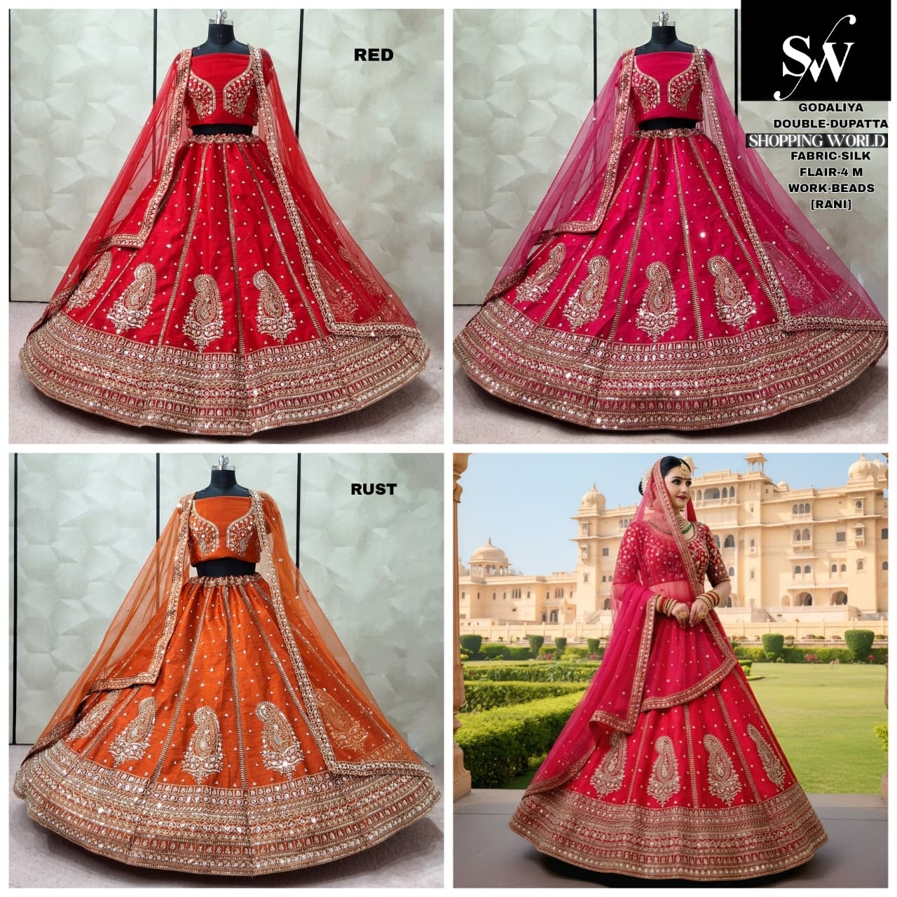Khoobsurat Rani pink Red Rust Orange Double Dupatta Silk Bridal Lehenga