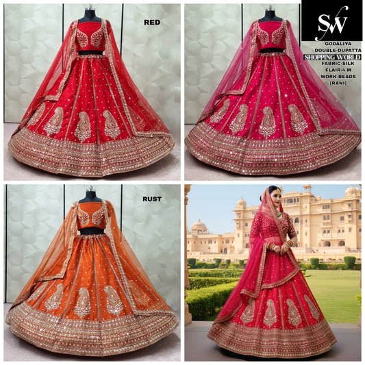Khoobsurat Rani pink Red Rust Orange Double Dupatta Silk Bridal Lehenga