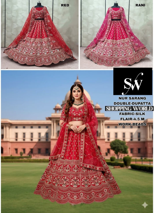 Beautiful Rani pink Red Double Dupatta Silk Bridal Lehenga