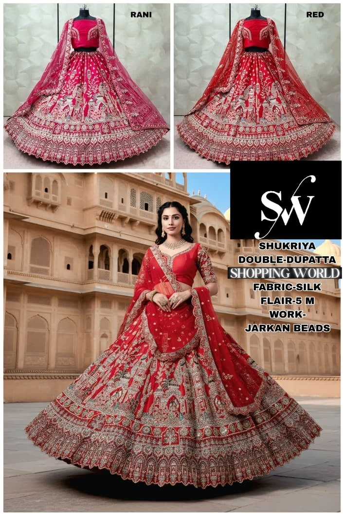 Tremendous Rani pink Red Double Duptta peacock Silk Bridal Lehenga