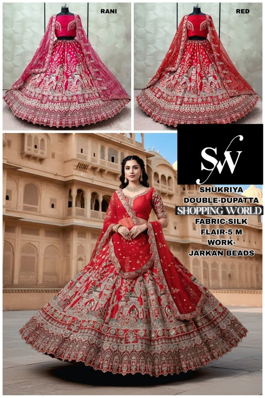 Tremendous Rani pink Red Double Duptta peacock Silk Bridal Lehenga