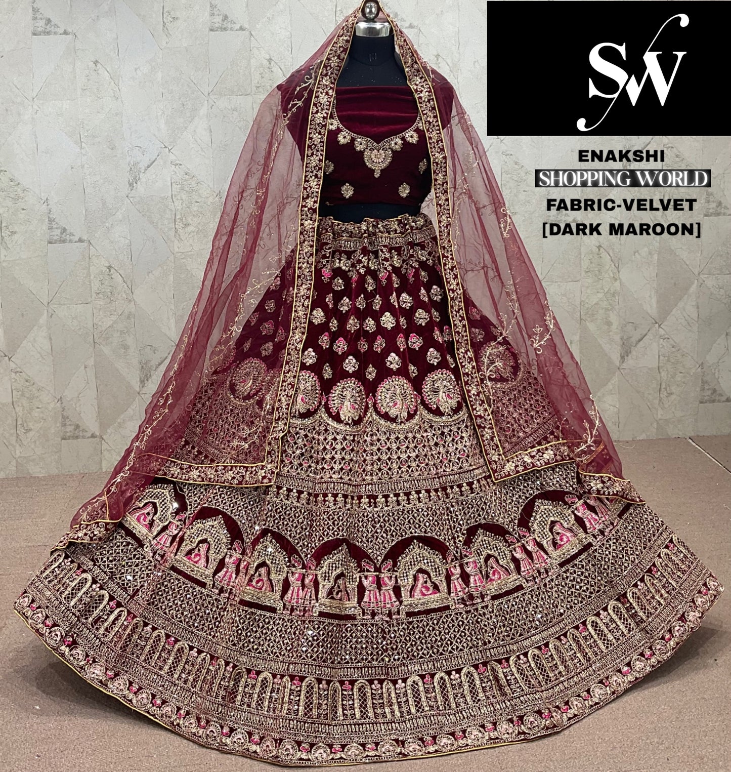 Khoobsurat Dark Maroon Doli Barat Velvet Bridal Lehenga