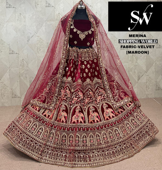 Beautiful Maroon Velvet Bridal Lehenga