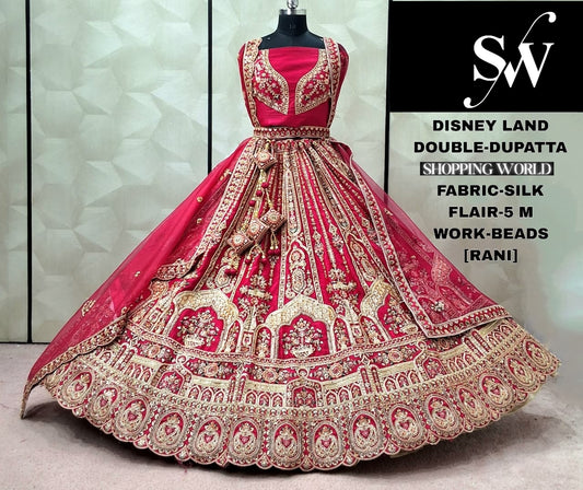 Tremendous Rani pink Silk Double Dupatta peacock Bridal Lehenga