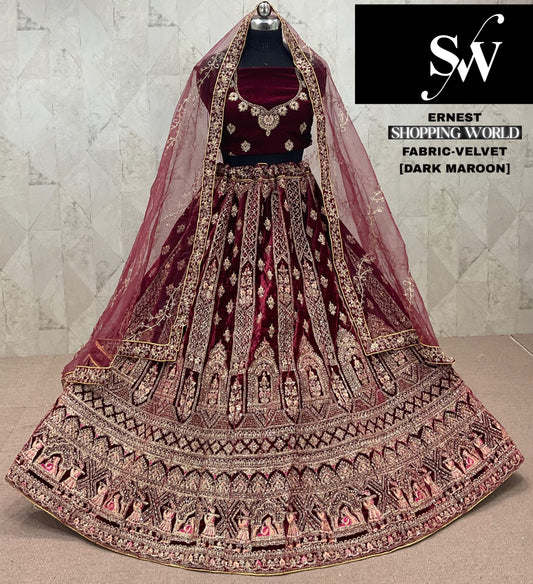 Lovely Dark Maroon Velvet Bridal Lehenga