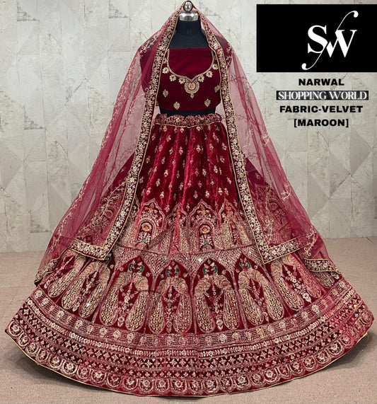 Pretty Maroon Velvet Bridal Lehenga