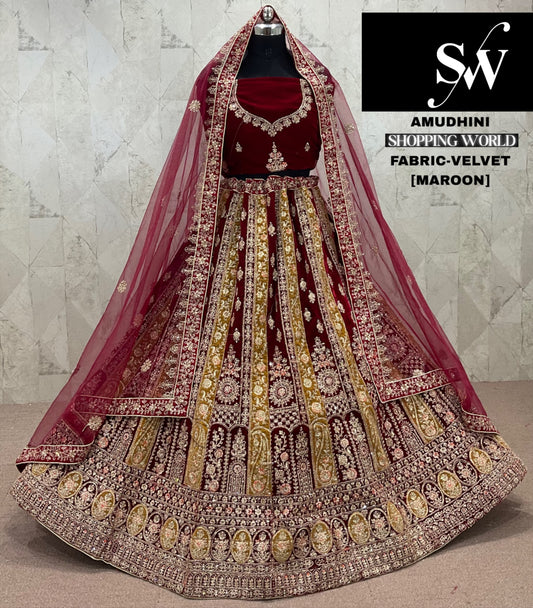 Tremendous Maroon Velvet Bridal Lehenga