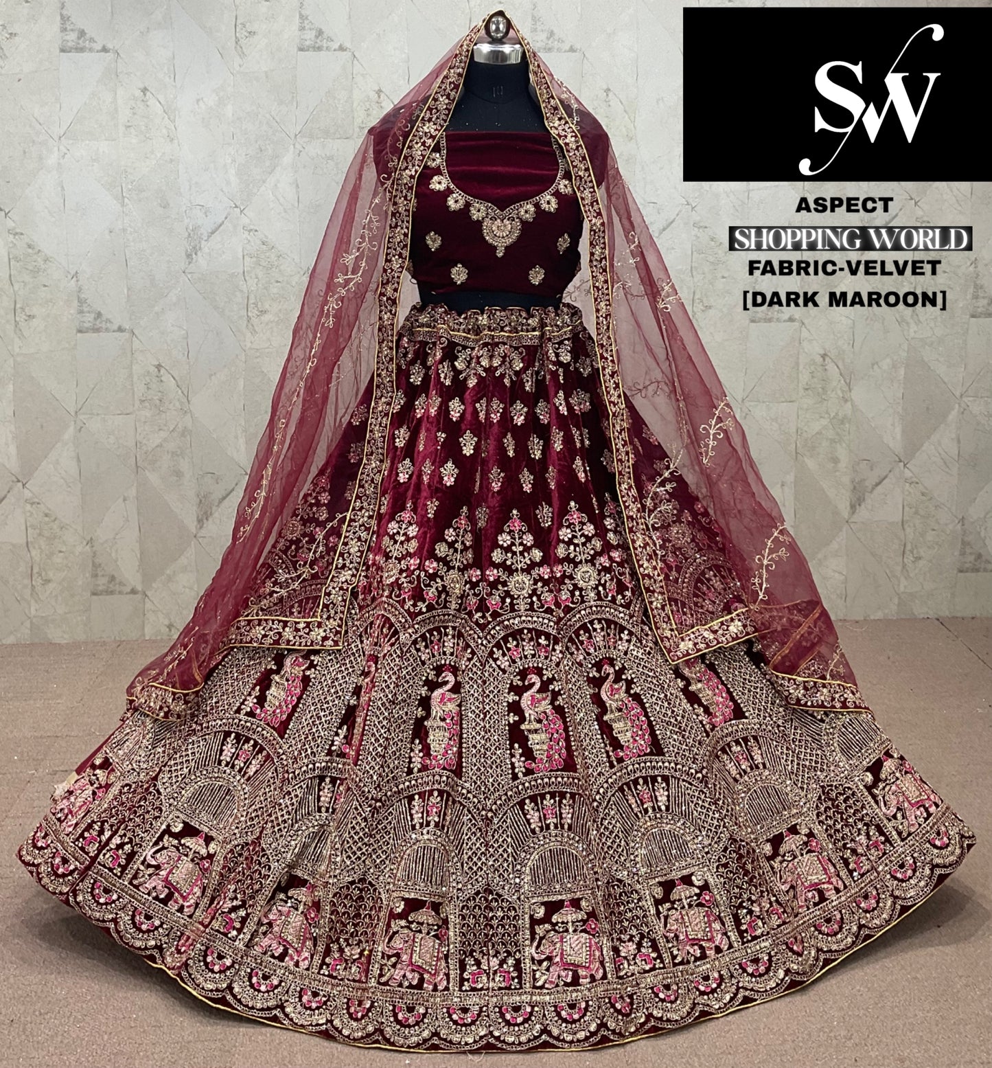 Designer Maroon Velvet Bridal Lehenga