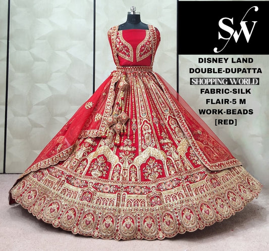Designer Red Silk Double Dupatta peacock Bridal Lehenga