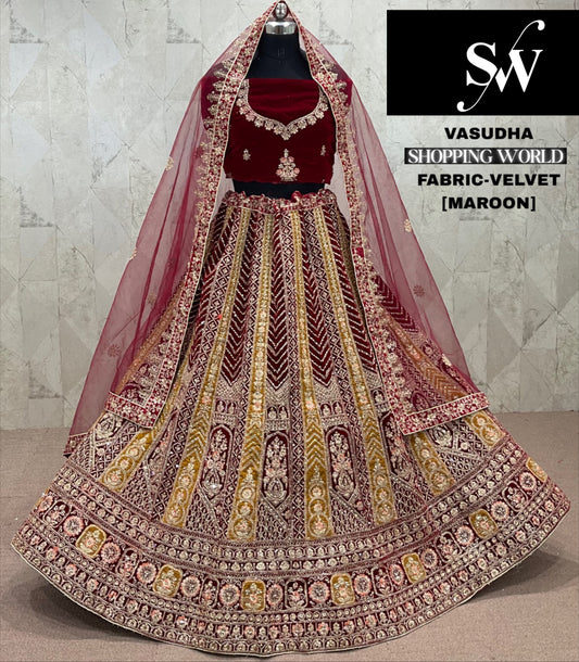 Good looking Maroon Velvet Bridal Lehenga