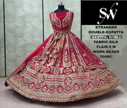 Pretty Rani pink Silk Double Dupatta peacock Bridal Lehenga