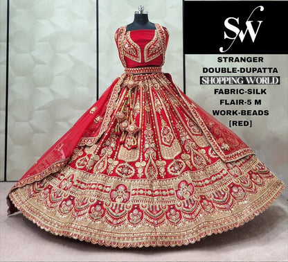 Pretty Rani pink Silk Double Dupatta peacock Bridal Lehenga