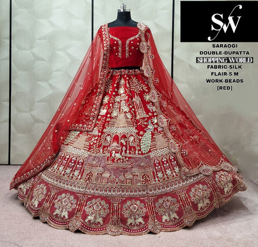 Good looking Red Silk Double Dupatta peacock Bridal Lehenga