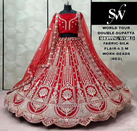 Elegant Red Silk Double Dupatta Bridal Lehenga