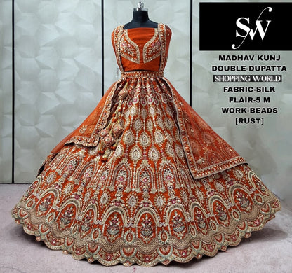 Awesome Rani pink Silk Double Dupatta peacock Bridal Lehenga