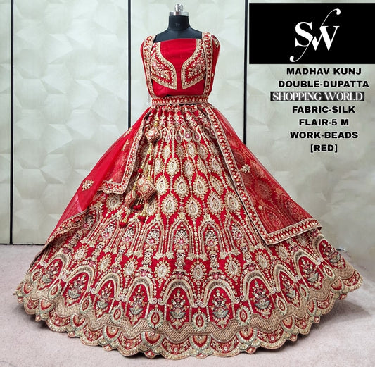 Fantastic Red Silk Double Dupatta peacock Bridal Lehenga